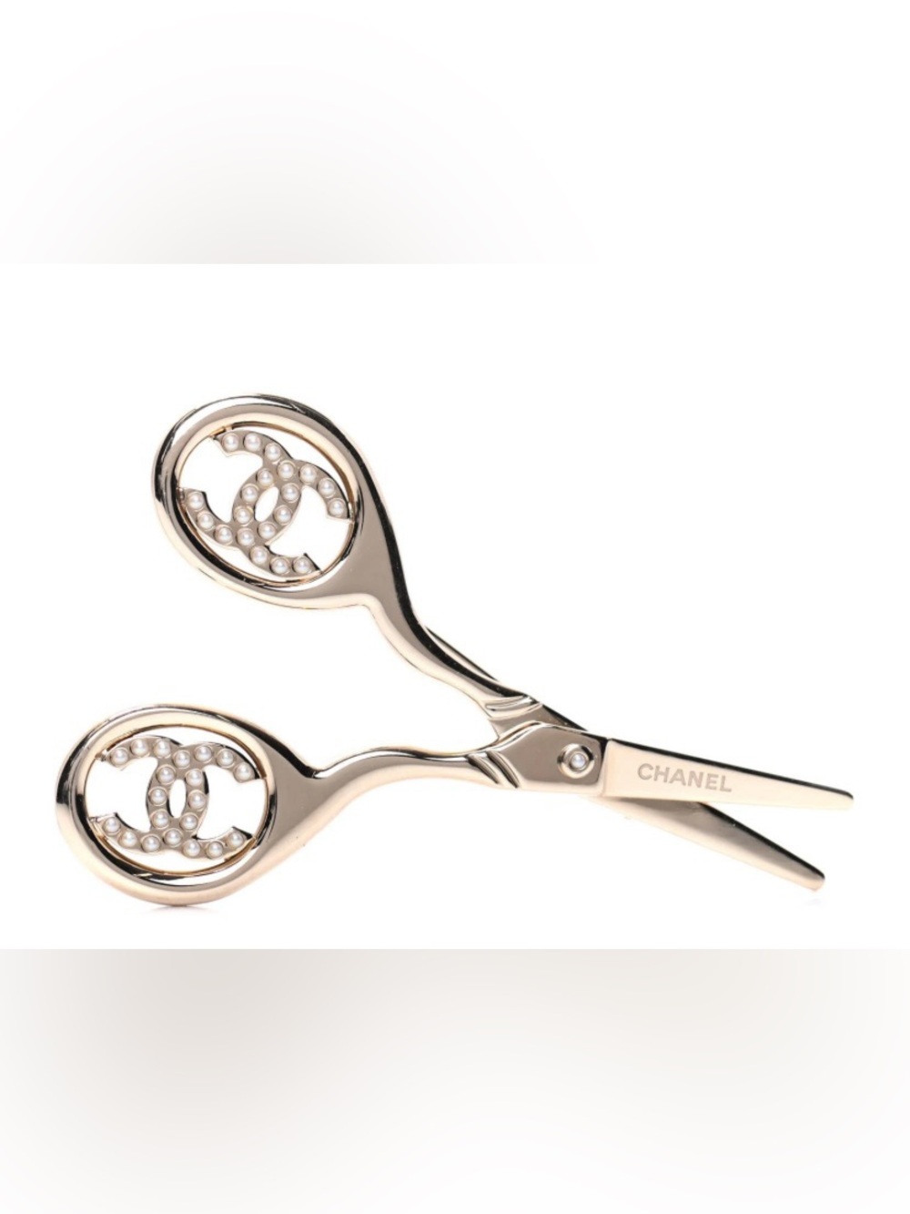ChaneI Gold- Tone Scissor Brooch with CC logo Pearl Embellishments